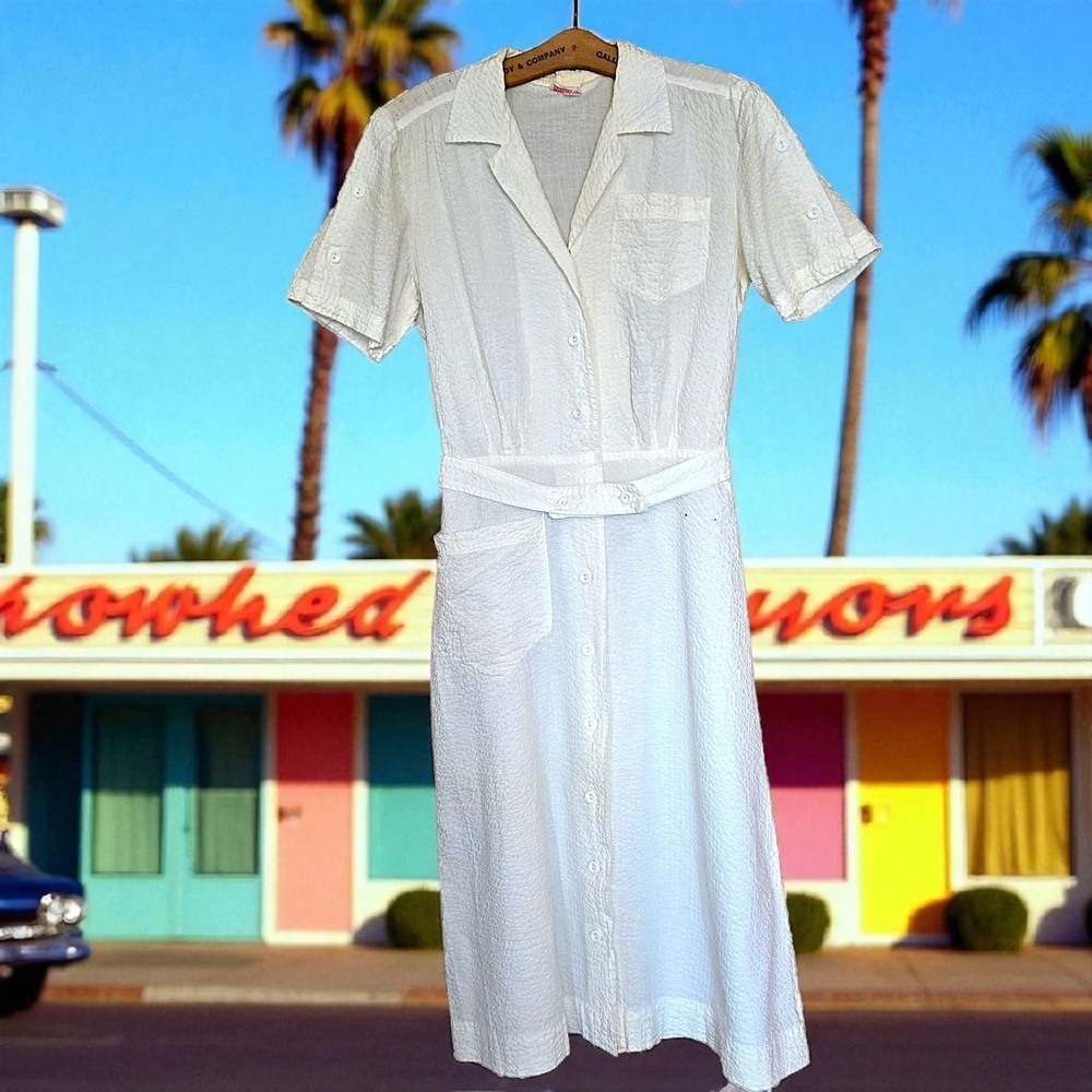 Vintage 1940s Wayne Maids White Seersucker Uniform Dress Belted Button Front 40 - Picture 10 of 16